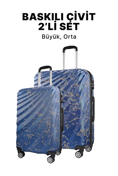 Wexta Wx-300 Baskılı Çivit Büyük&orta 2'li Set Valiz