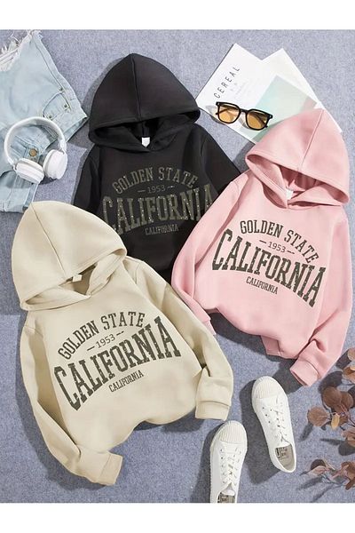 Baxia 3 Pack Children's Colifornia Printed Sweatshirt - Beige, Black, Pink Hoodie
