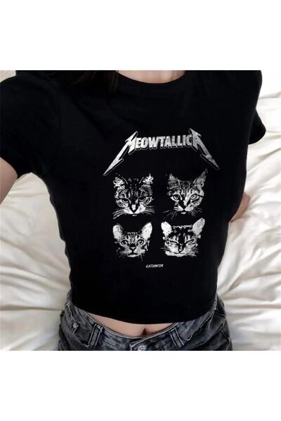 Le Savu Meow'tallica με τύπωμα Μαύρο Χρώμα Crop