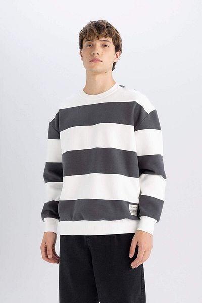 DeFacto Anthrazitfarbenes Boxy-Fit-Sweatshirt mit Rundhalsausschnitt und Streifen 3159715