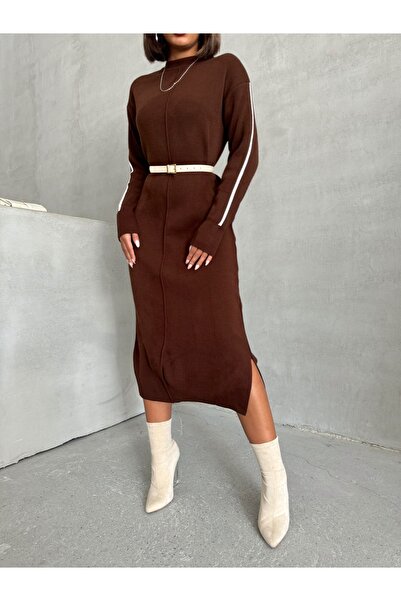 Lusin Καφέ Χρώμα Ριγέ Λεπτομερές Μίντι Πλεκτό Γυναικείο Φόρεμα - Μακρυμάνικο
