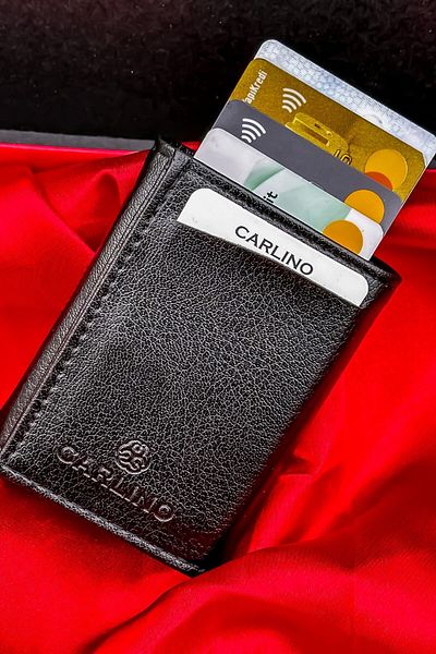 Carlino Unisex Black Leather Mechanism Card Holder Wallet with Automatic Slide