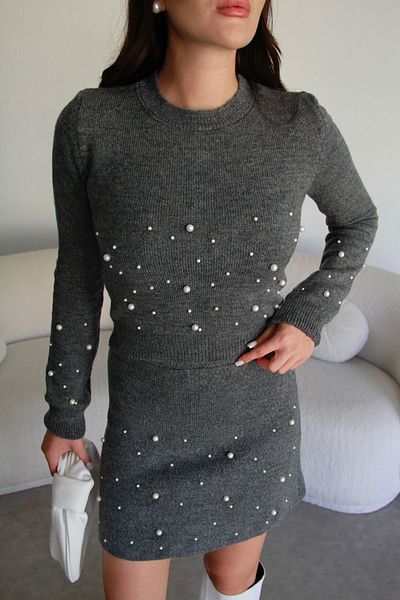 Mooi Butik Antracit mini kötöttáru szett - bordás pulóver és elasztikus derék