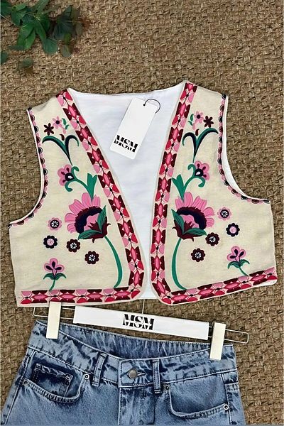 msm fashion Linen Short Vest - Floral Embroidered