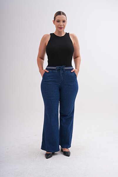 KÜBRA FASHİON Büyük Beden Koyu Mavi Salaş Kot Pantolon