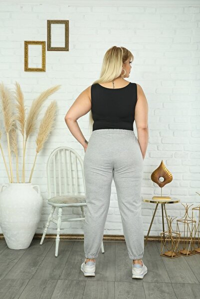 Butik Şımarık Women's Gray Elastic Waist Large Size Sweatpants with Pockets