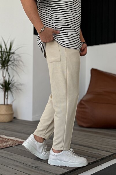 MADZEYMODA Boyfriend Ανδρική ραμμένη βάφλα ύφασμα ελαστική μέση μπεζ Jogger