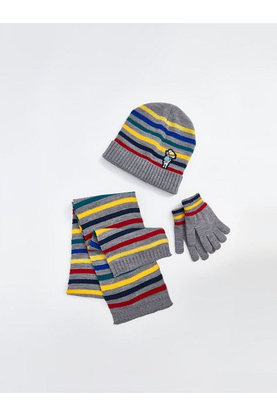 LC Waikiki Stripe Patterned Scarf Beanie and Gloves for Boys