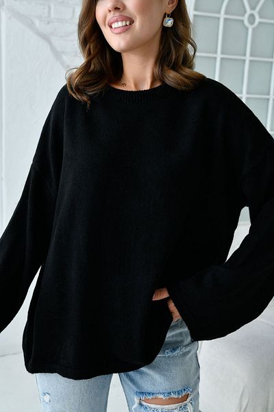 WOMAN VISION Pulover negru din tricotaj supradimensionat - mânecă evazată, gât crew, umăr dezactivat 4091