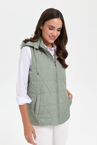 Desen Triko S.Green γυναικείο καπιτονέ γιλέκο - Τρίγωνο σχέδιο, κουκούλα, κοντό