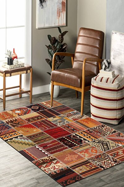 SÜNGERSAN Kırkyama Desenli Kahve Kırmızı Salon Halısı Patchwork Detaylı Gelen...