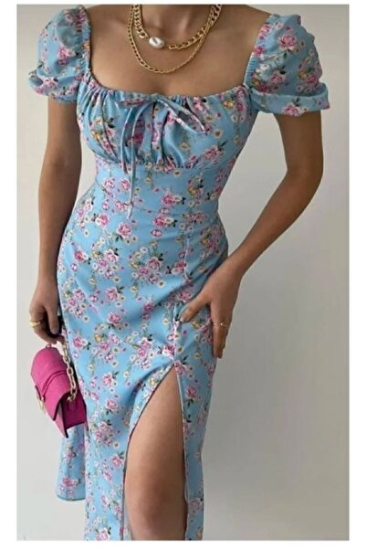 MOODMODA Синя сукня міді з квітковим візерунком з нейлонової тканини