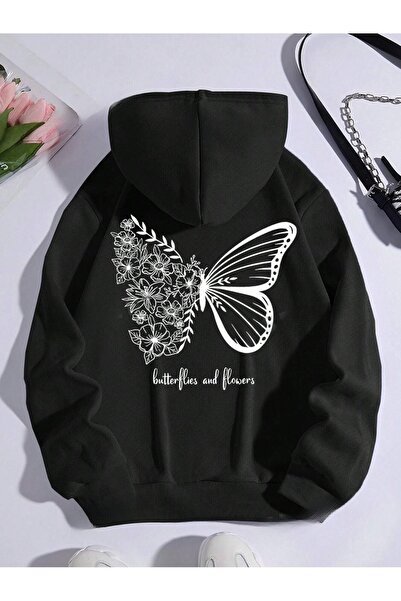 over head oh Hanorac oversize cu imprimeu fluture și flori negre - Hanorac cu...