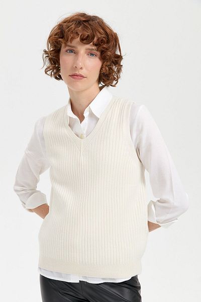Desen Triko V-neck Women's Sweater - Seamless and Bone Color