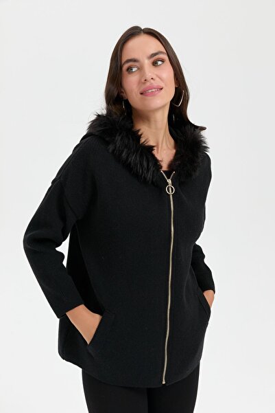Desen Triko Black Furry Hooded Zippered Wool Cardigan
