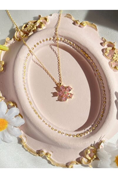 Harlofia Jewelry 925 Ayar Gümüş Mandevilla Çiçeği Kolye, Pembe Zirkon Taşlı, ...