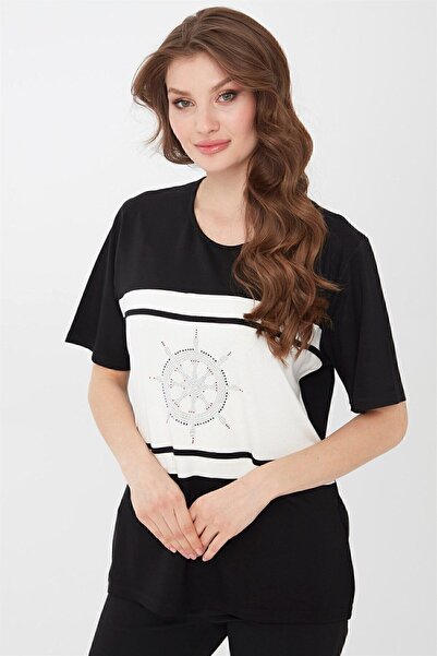 Desen Triko Women's Crew Neck Helmet Patterned Short Sleeve Blouse Black