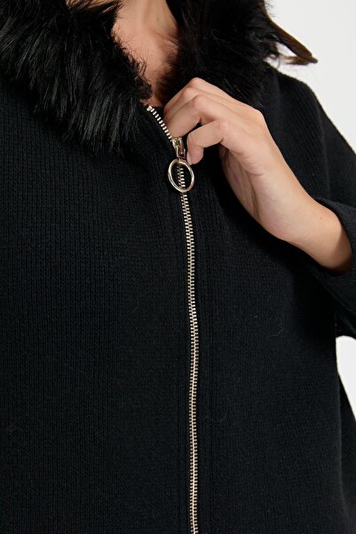 Desen Triko Black Furry Hooded Zippered Wool Cardigan