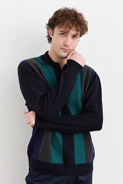 Desen Triko Чоловічий светр з напіврибальським коміром, кольоровий, з вовняної пряжі, темно-синій