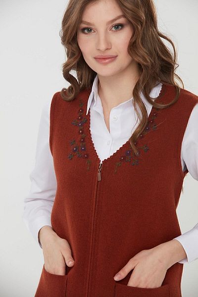 Desen Triko Women's V-Neck Embroidered Pocket Wool Vest Overcoat