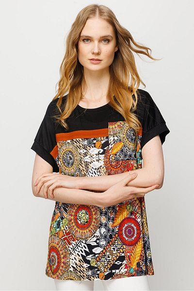 Desen Triko Tricou din bumbac pieptănat cu mânecă joasă, cu model mixt, negru