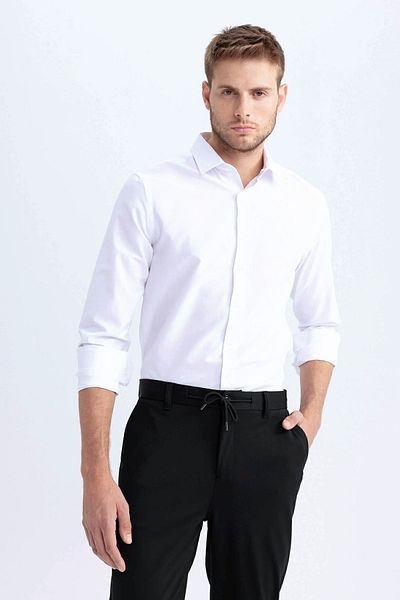 BGW Men's White Slim Fit Easy Ironing Long Sleeve Polo Collar Poplin Shirt