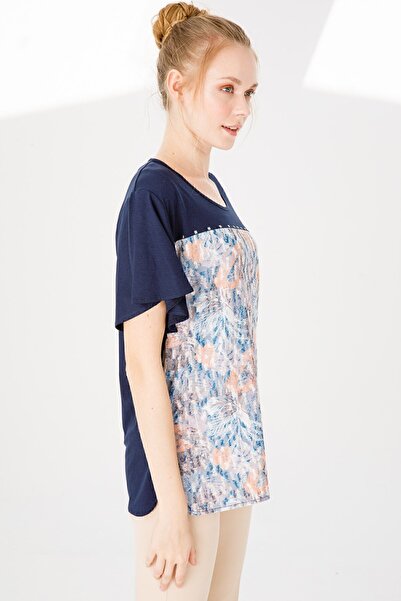 Desen Triko Women's Crew Neck Short Sleeve Patterned Combed Cotton Blouse Navy Blue