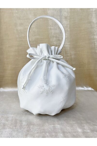 Lilyums Haute Couture&Design Kadın Inci Beyazı Saten Üstü Tül Kar Tanesi Moti...