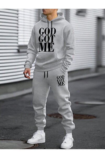coolart God Got Me - Σετ αθλητικής φόρμας jogger με γκρι στάμπα, με κουκούλα