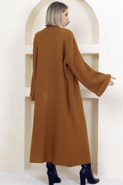 ORZUQLIFE V-Neck Folded Wide Long Sleeve Self-Textured Thick Full Ankle Length Winter Comfortable Knitwear Cardigan