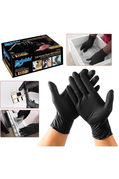Dolphin Pudrasız Çok Amaçlı Siyah Nitril Eldiven Siyah 100'lü (LARGE)
