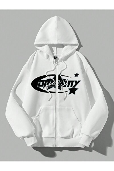 SeusCraft Cardigan de iarnă cu glugă, supradimensionat, cu imprimeu alb, Dreamy