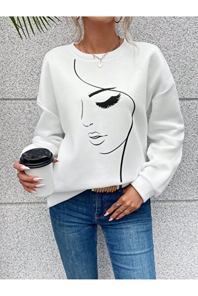 SeusCraft Yüz Desen Kışlık Sweatshirt - Beyaz Baskılı Oversize Şardonlu Bisik...