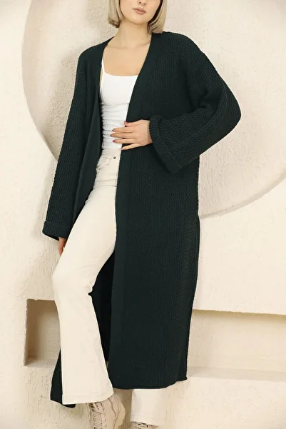 ORZUQLIFE V-Neck Folded Wide Long Sleeve Self-Textured Thick Full Ankle Length Winter Comfortable Knitwear Cardigan