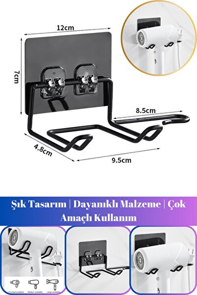 Hane Dostu Kendinden Yapışkanlı Siyah Saç Kurutma  Makinası Askısı | Fön Maki...