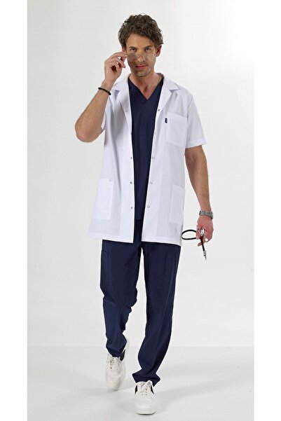 Uçak Medikal Beyaz Ara Boy, Kısa Kol, Klasik Yaka, Doktor Önlüğü