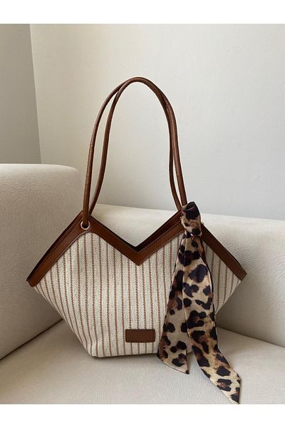 Mercan Women's Linen Shoulder Strap Bag - Cream Color, Zipper and Scarf Detail