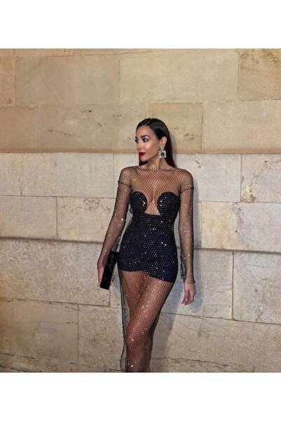 MATHILDA Kadın Kristal Uzun Kollu Taşlı File Elbise Şık Gece Elbisesi