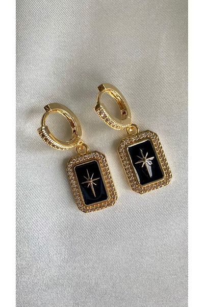 CanElif Accessories Starry Rectangular Pole - Gold Black Detailed Earrings