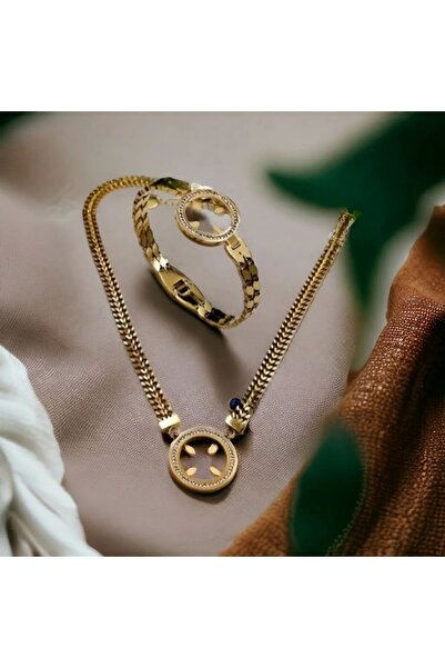 zeynep 316L Gold Çelik Çeyrek Takılan Çerçeveli Kolye Ve Kelepçe Bileklik Seti