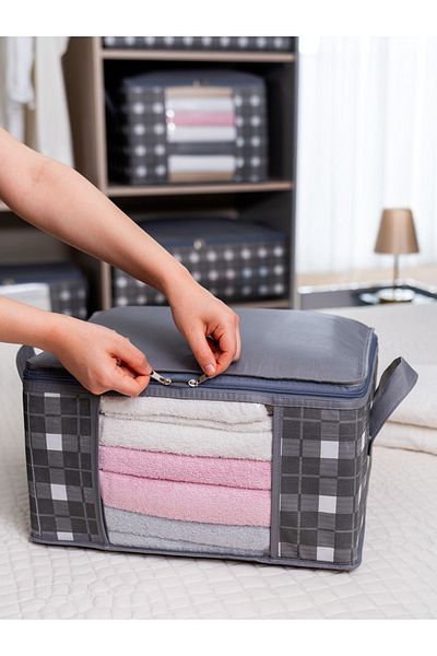 NACAREV Gray Square Patterned Small Size Cabinet - Plaid Organizer, Towel Organizer (40X30X20 cm)