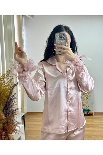 SATTENS kolları otriş tüylü saten pijama takım