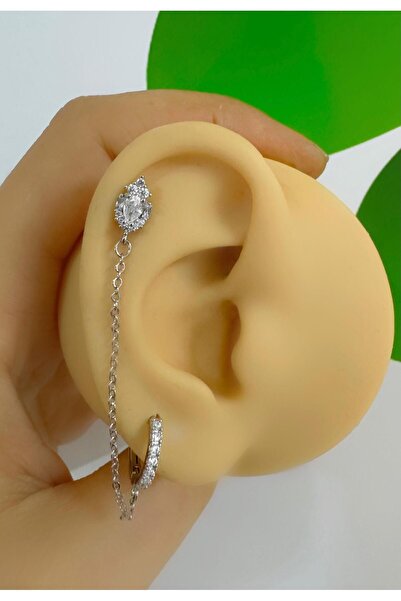 Arescollection Zirkon taşlı 1 adet zincir bağlantılı ikili kıkırdak kulak mem...