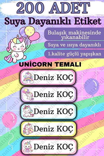 sanatıbedi 200 Adet Suya Dayanıklı Kişiye Özel Okul Etiketi/ Defter Kalem Kit...