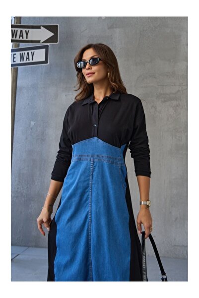 Elif Özbey Butik Shirt Collar Black Jean Dress