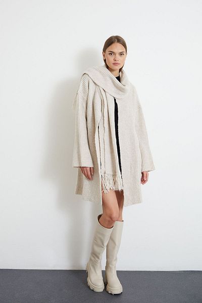 Souls Fruit Women's Standard Size Thick Knit Long Sleeve Tassel Shawl Collar Scarf Detailed Cardigan