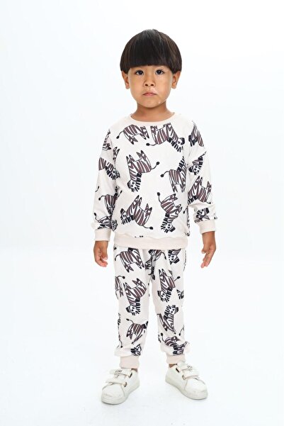 Lolliboomkids Ecru Zebra Patterned Unisex Children's Tracksuit Set - 2 Thread
