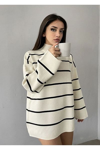 NATUFIAN STORE Pulover de damă, Pulover de damă cu dungi oversize, tricotaj pe jumatate de guler, Pulover cu dungi, Pulover oversize