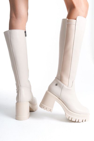 SEEM & BE Elsa Beige Damenstiefel – elastischer Stretch, klobiger Absatz und Reißverschluss