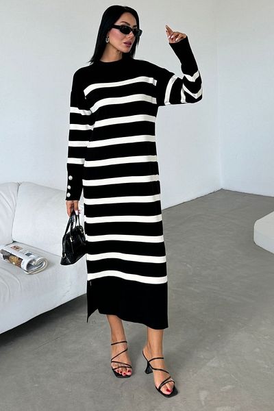 WOMAN VISION Black Striped Midi Knitwear Dress - Long Sleeve, Crew Neck, Button Detail 10280